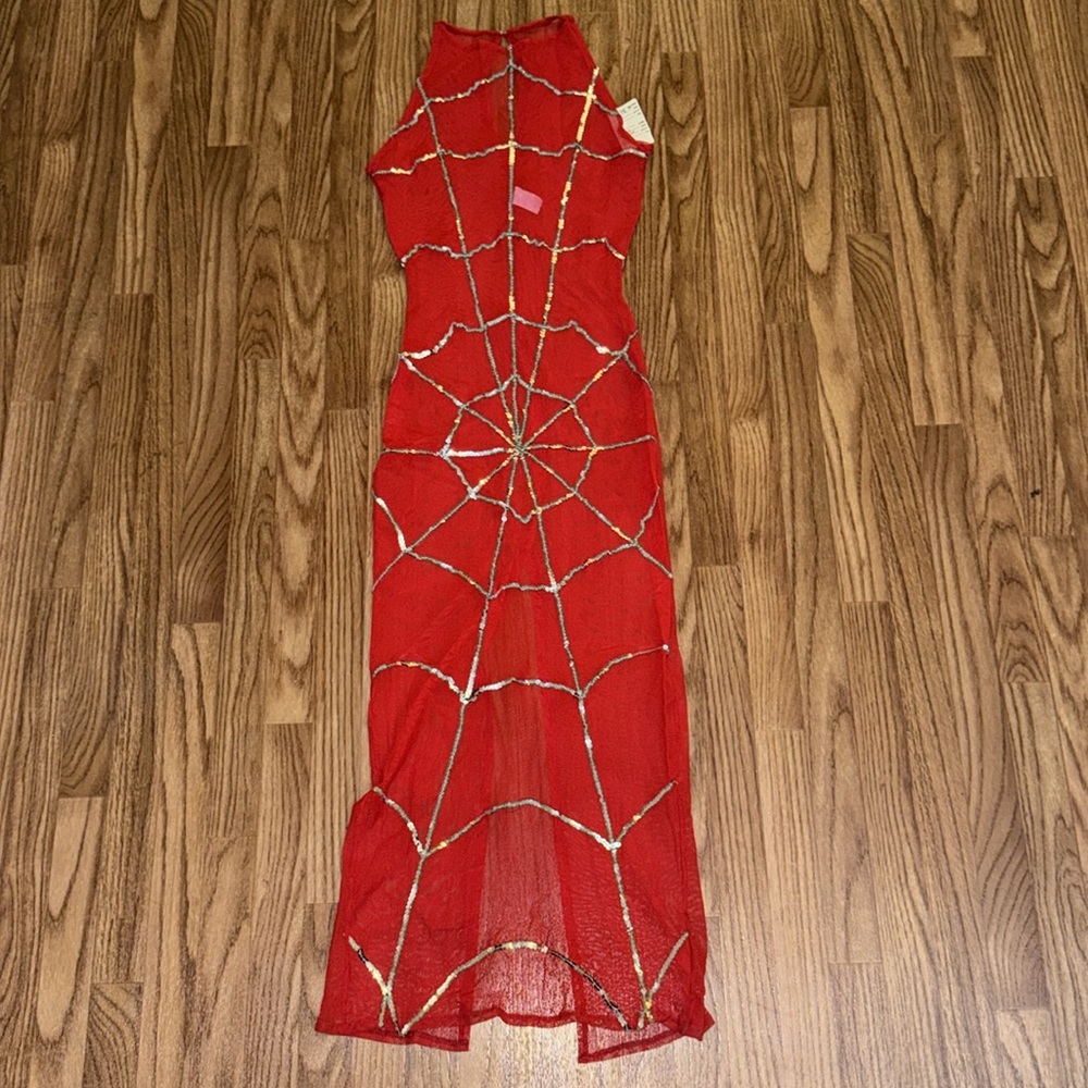 Vintage Size Medium Red Fishnet Spiderweb Maxi Dress Sequins Dramatic Whimsygoth